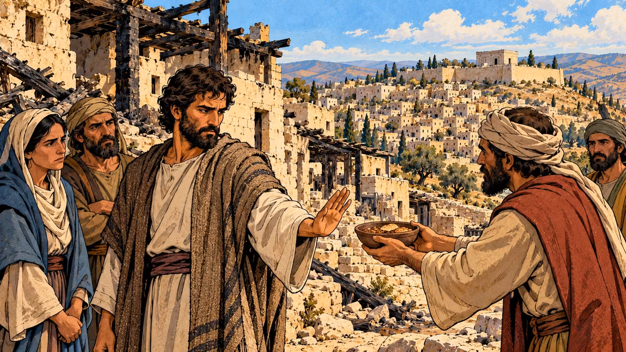 A man raises his palm to refuse a food bowl while other adults stand nearby.