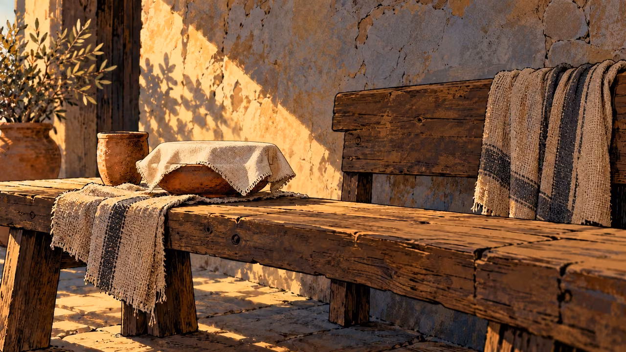 A covered food bowl sits beside an empty place on a plain bench.