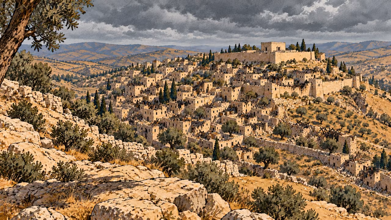 Jerusalem’s damaged limestone houses lie beneath heavy gray clouds.
