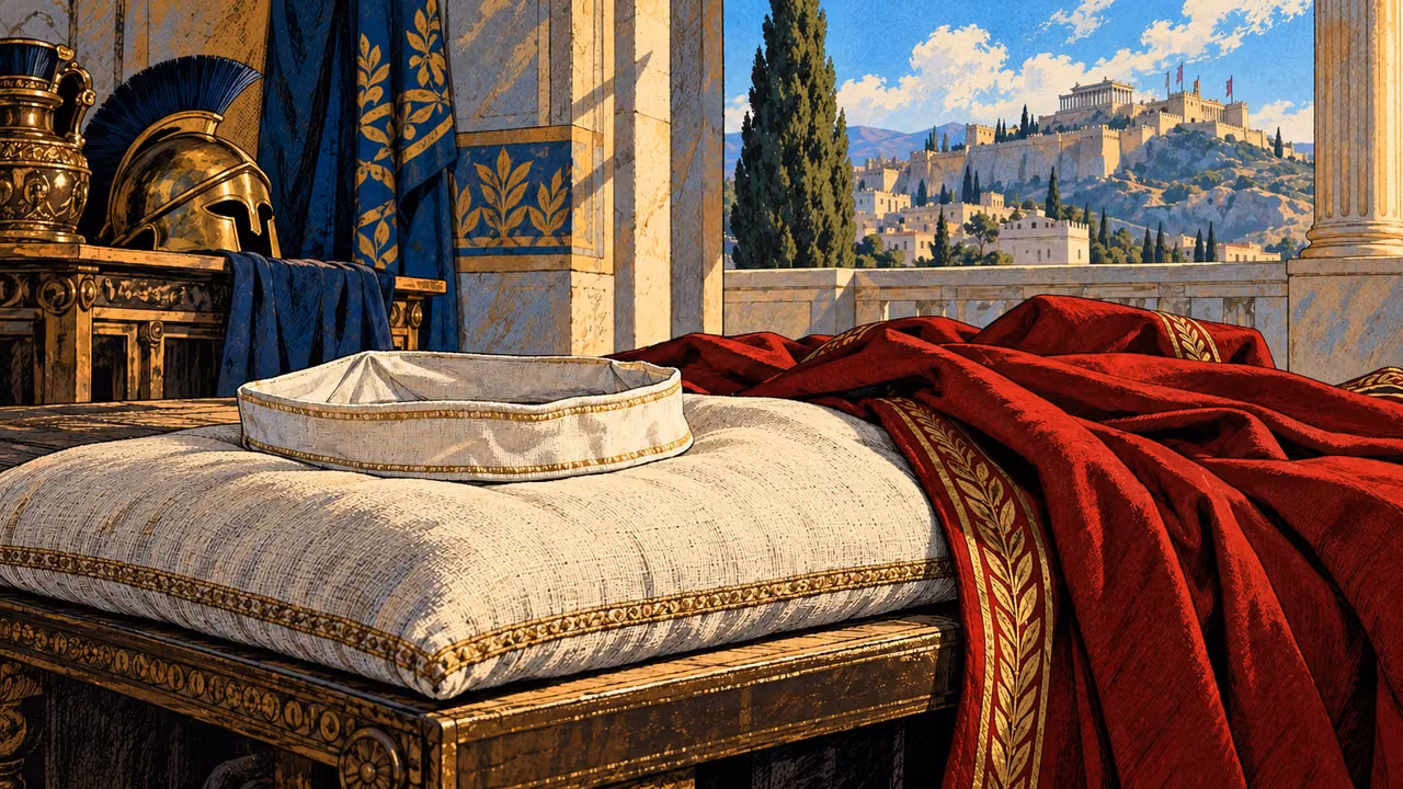 A white cloth diadem rests on an empty pillow beside crimson cloth.