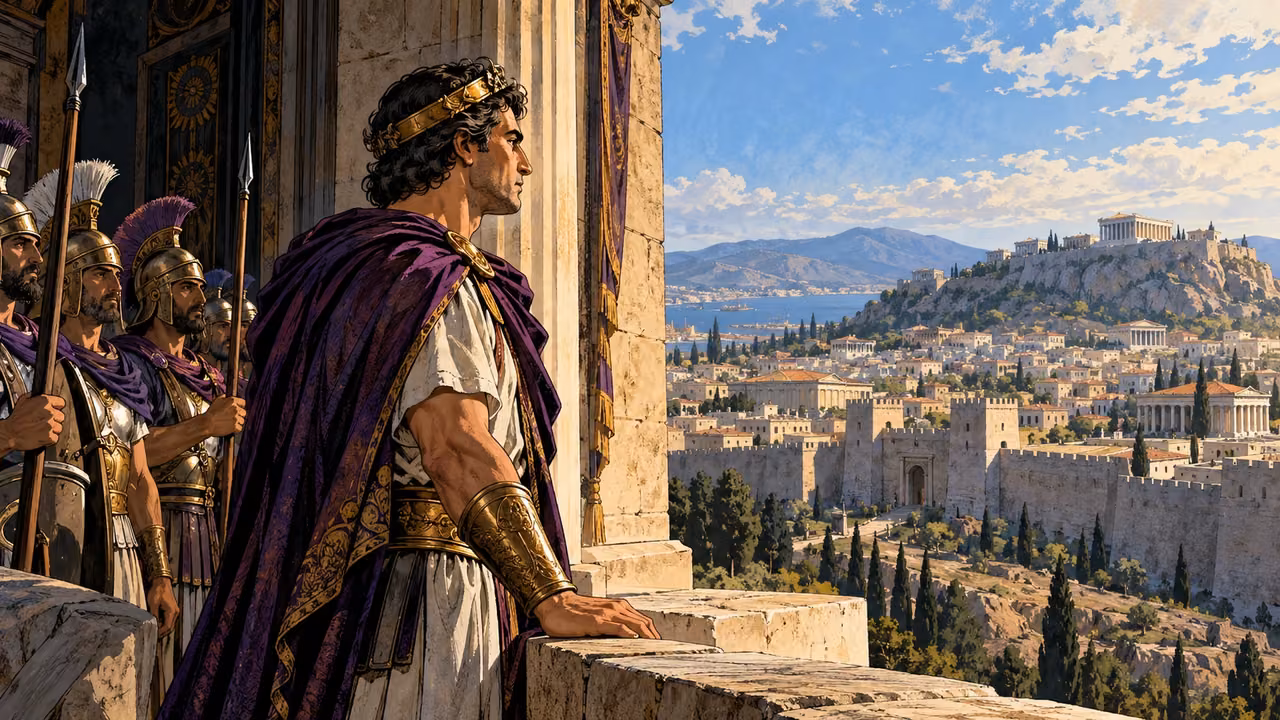 An anonymous successor surveys a city from a terrace.