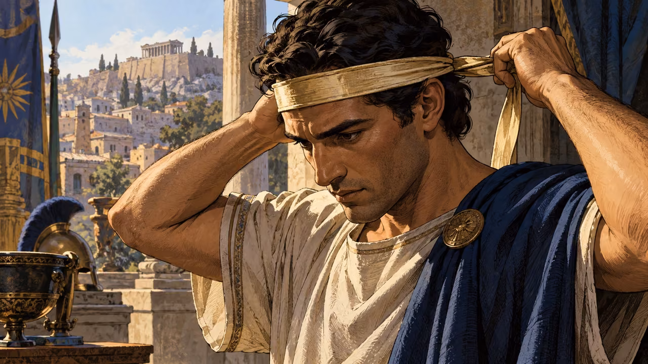 Anonymous hands tie a narrow white diadem around a ruler’s head.