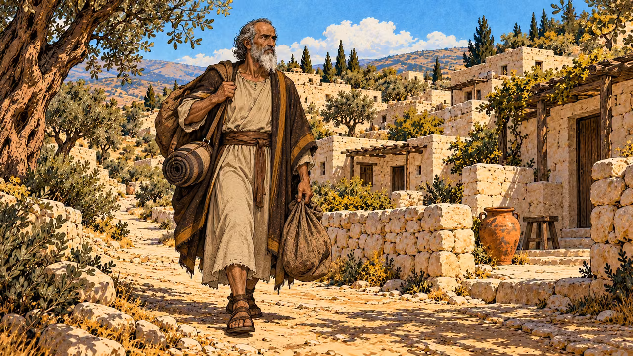 Mattathias approaches the modest limestone houses of Modein.
