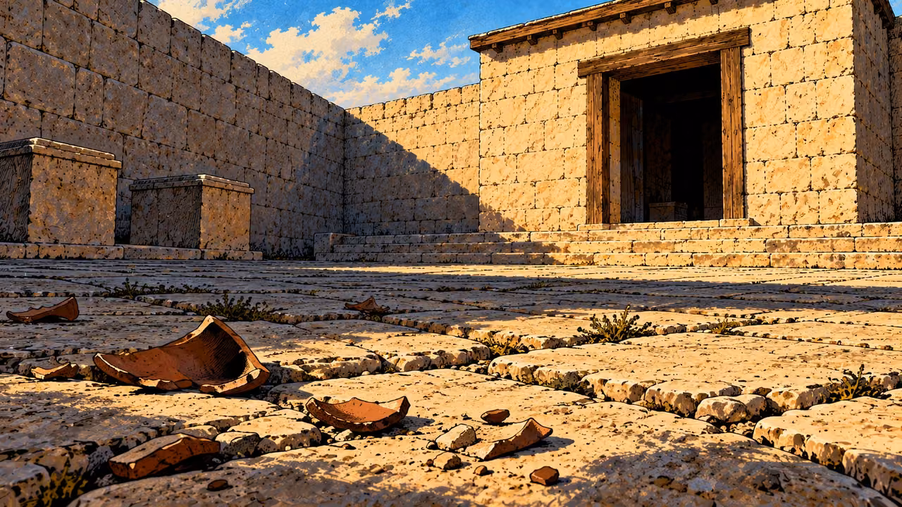 Broken clay fragments lie across a deserted stone court.