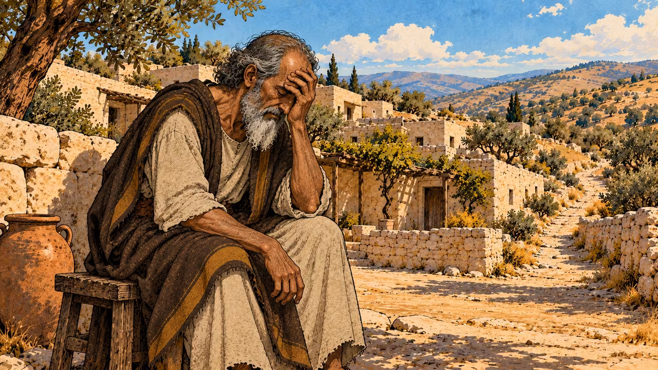 Mattathias bows his head with one hand at his brow.