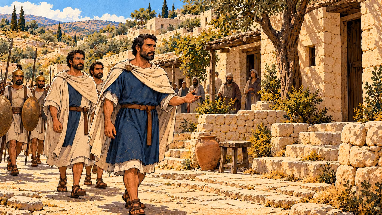 Blue-clothed agents and attendants enter the village square.