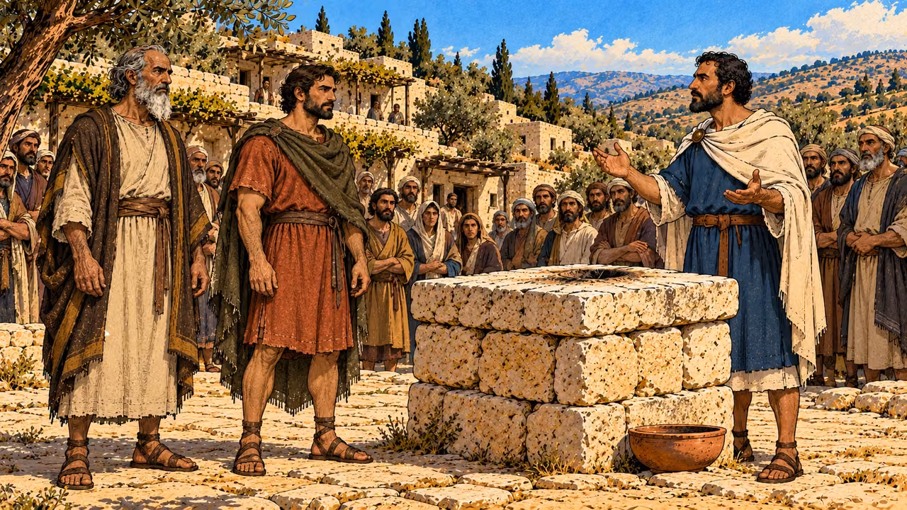 Mattathias, Judas and the royal spokesman face the village altar.