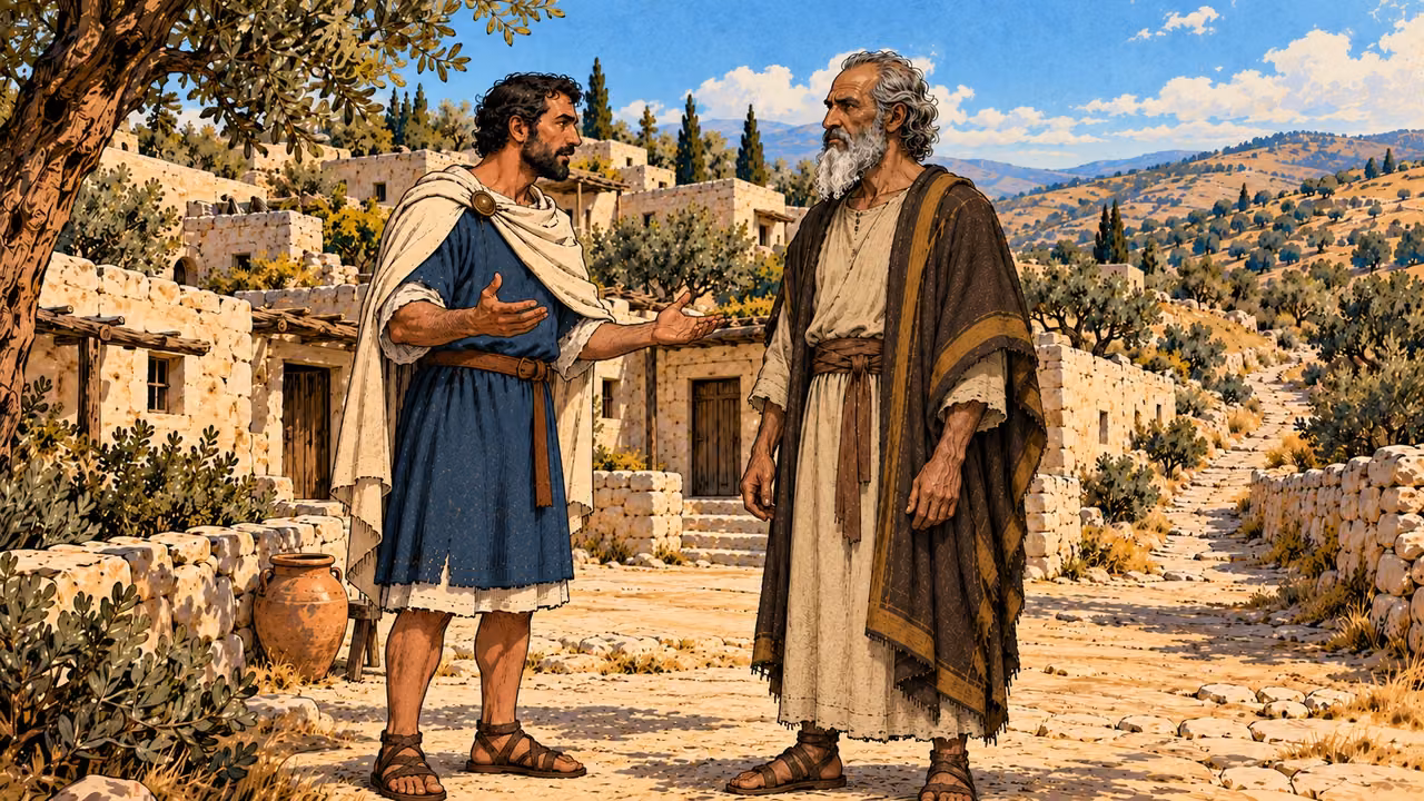 The blue-clothed spokesman addresses Mattathias beside the altar.