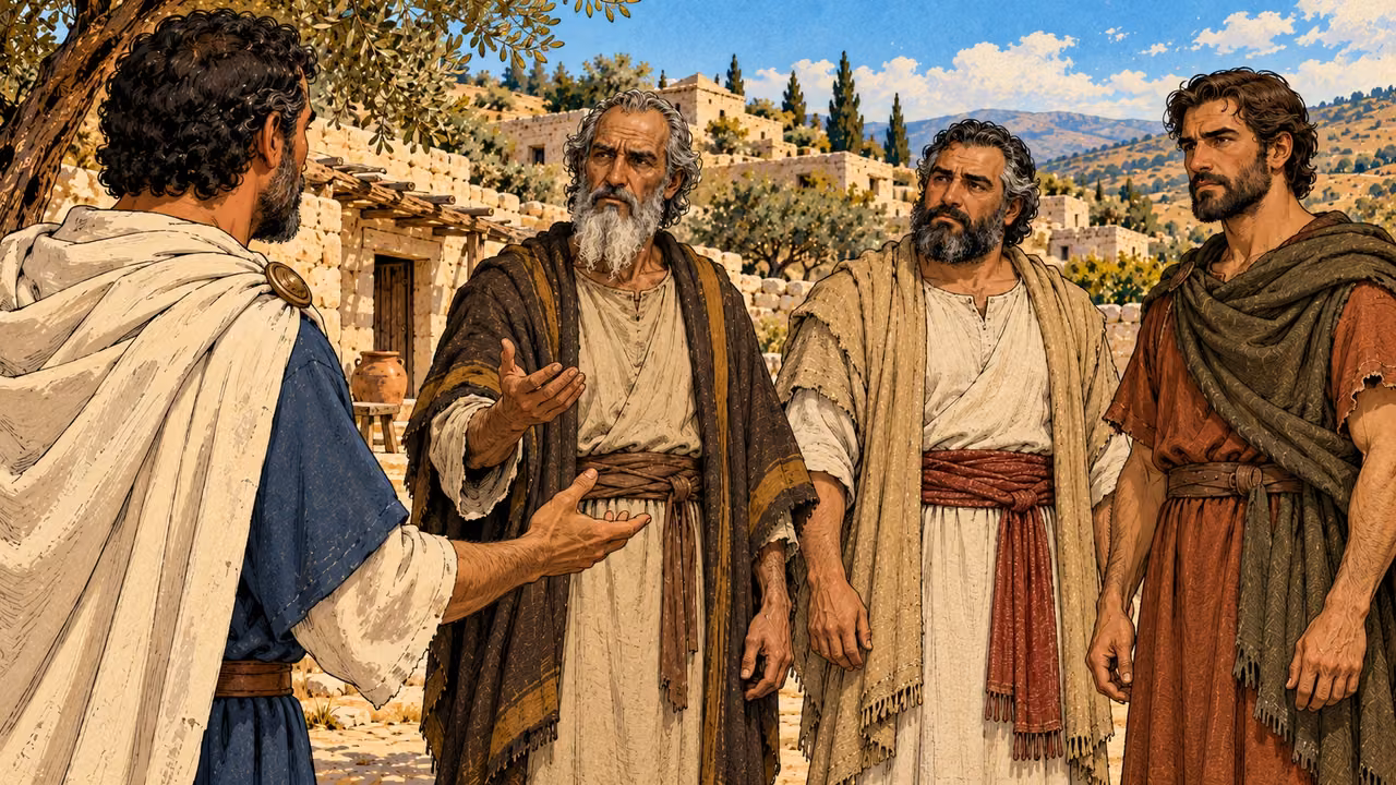 Mattathias speaks with Simon and Judas beside him.