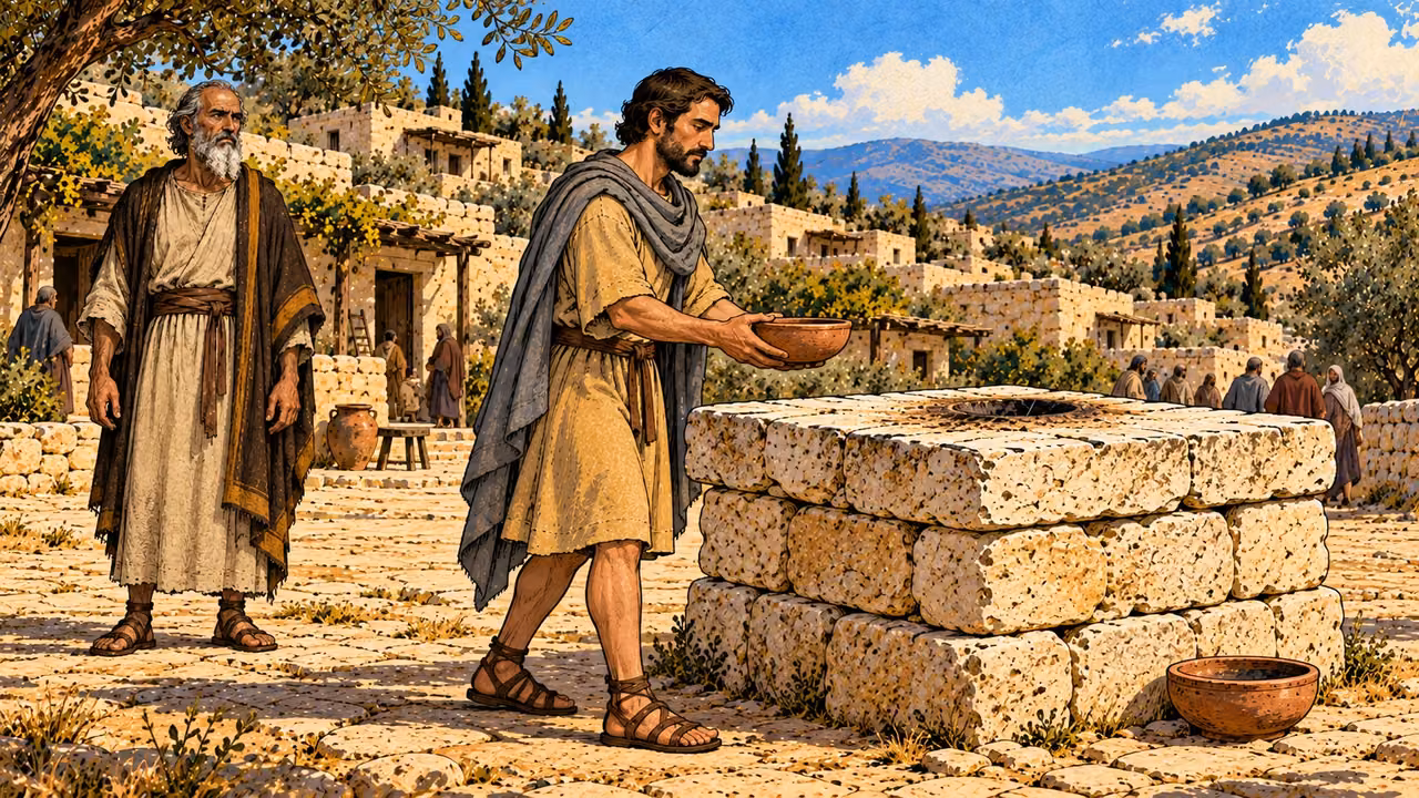 An unnamed man in ochre and gray approaches the stone altar.