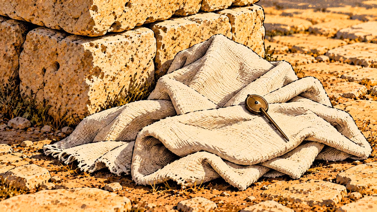 An offwhite agent’s mantle and clasp lie in a close memorial image.