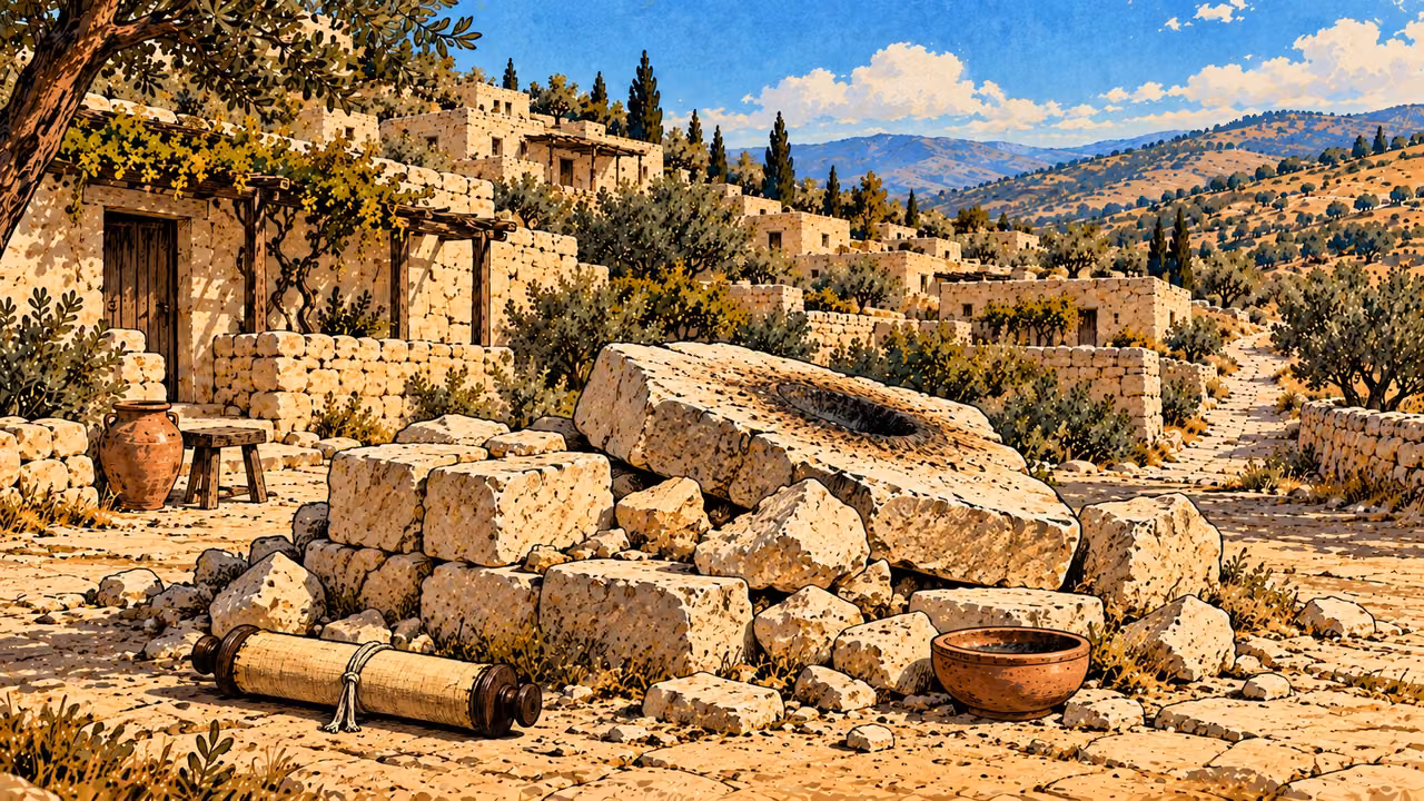 A closed scroll and altar rubble form a comparison essay.