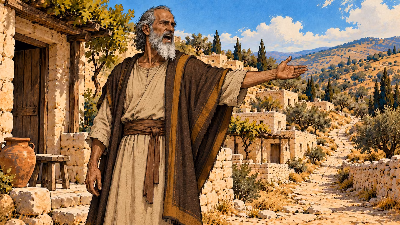 Mattathias calls outward with an open mouth and extended arm.
