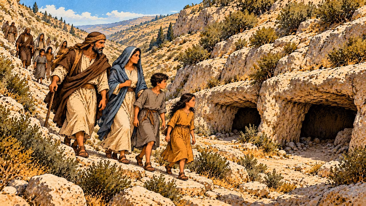 An unnamed household descends a rocky ravine toward open shelters.