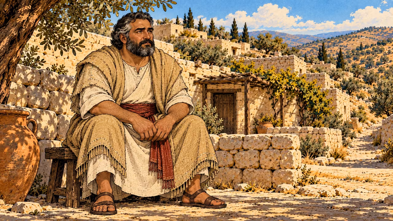 Simon sits in sand clothing with a brick-red sash.
