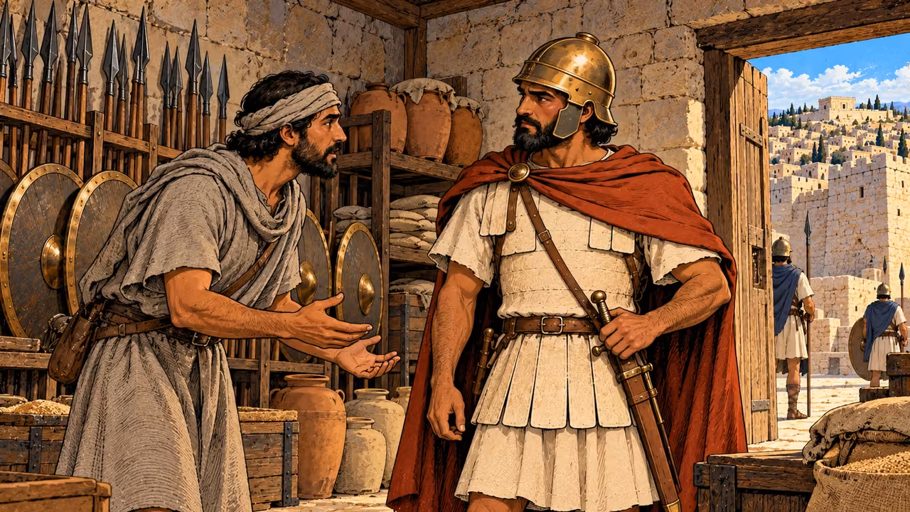 A messenger reports to a helmeted officer in a garrison storeroom.