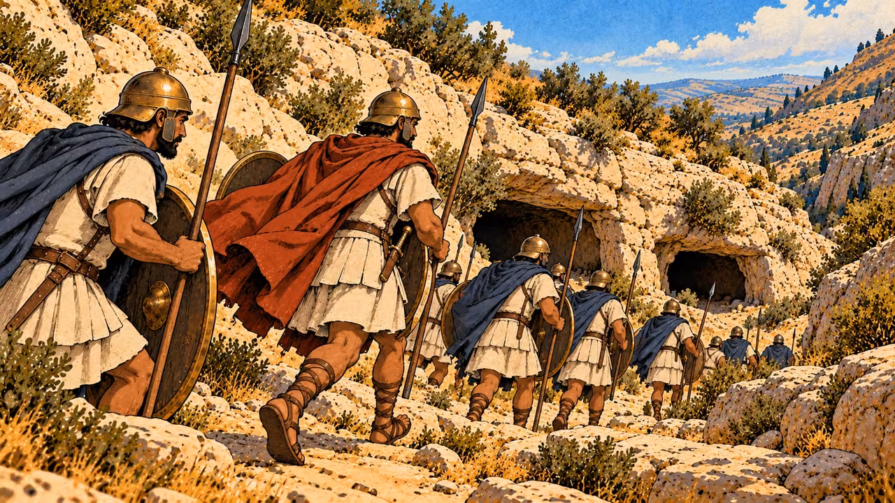 Royal infantry advance down the ravine toward the shelter mouths.