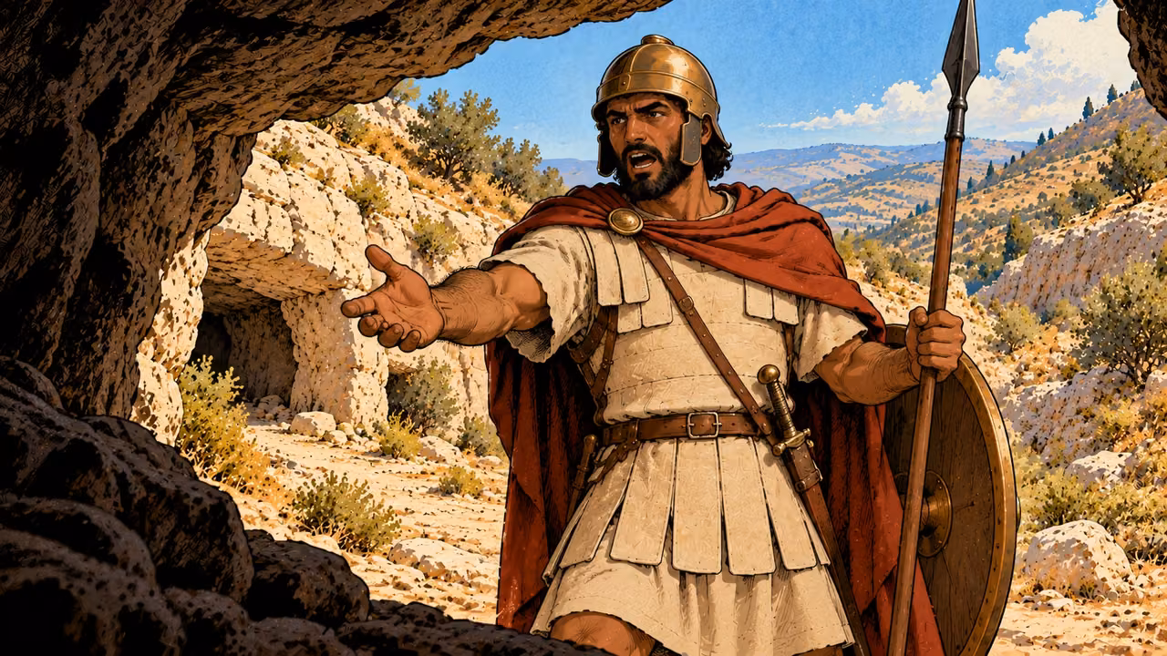 A russet-cloaked officer speaks and beckons at a shelter entrance.