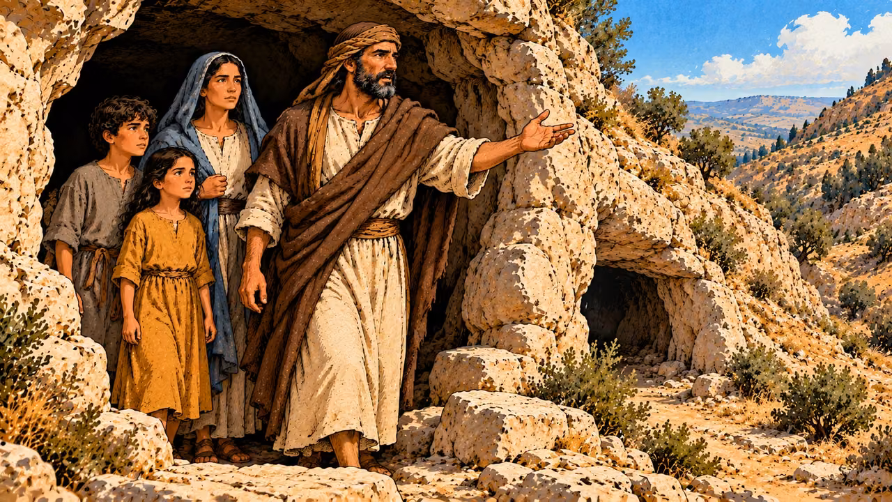 The headwrapped father answers from inside with his family behind him.