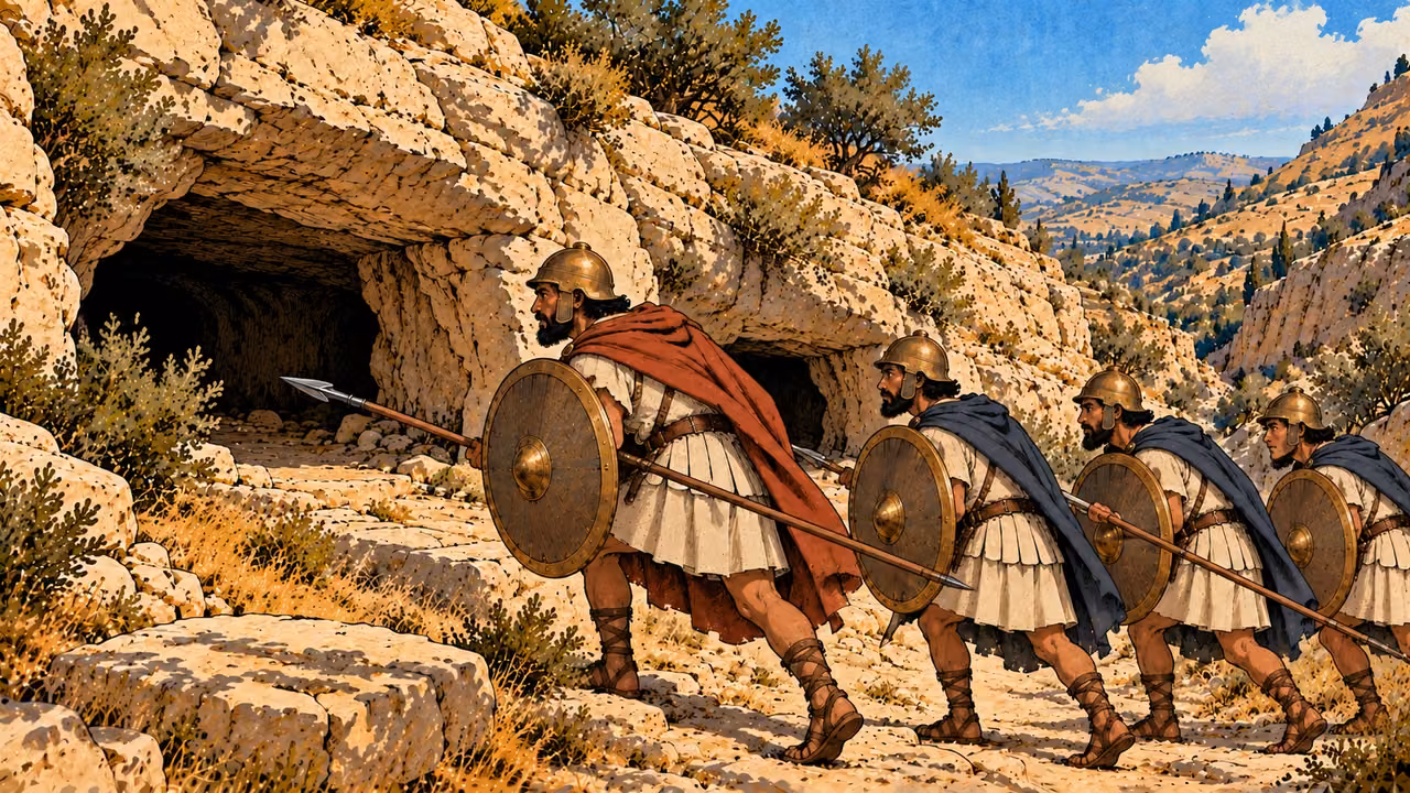 Infantry advance with raised shields and spears toward the open shelter.