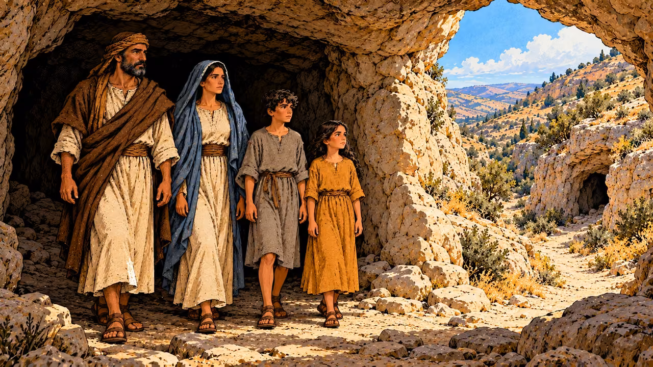 The household stands silently with empty lowered hands beside untouched stones.