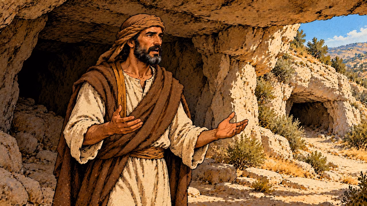 The refugee father speaks with empty open hands beneath the rock roof.