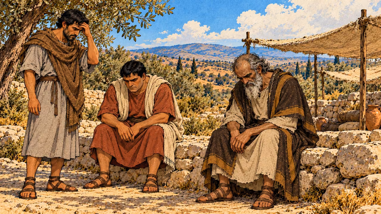 Mattathias and two companions bow their heads at the upland camp.