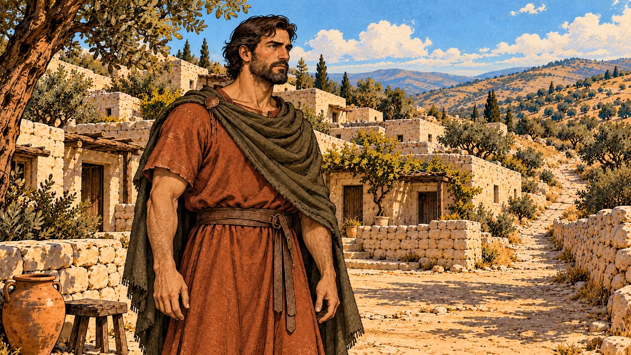 Judas stands in a plain rust tunic and olive mantle.