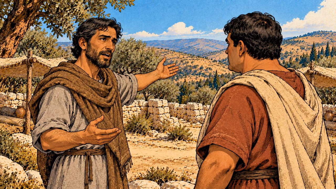 A gray-clothed companion speaks to a russet-clothed listening neighbor.