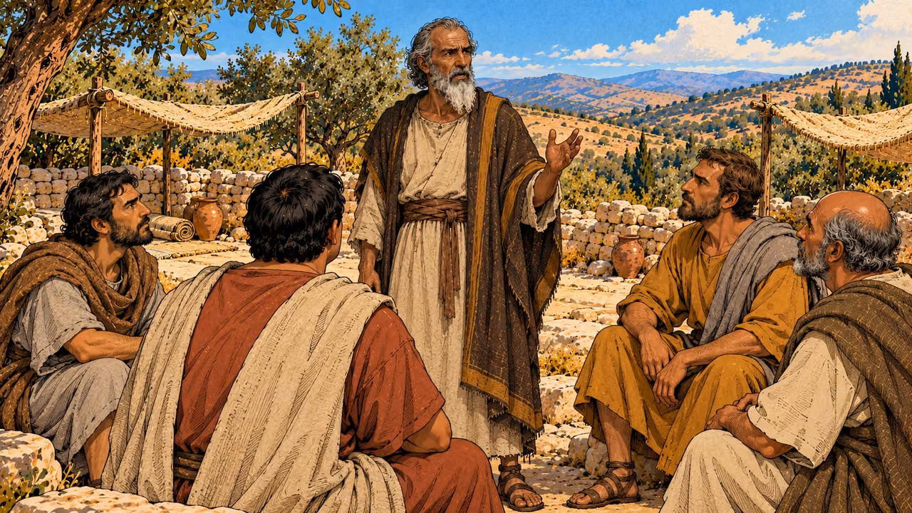 Mattathias addresses four companions seated in a camp council.