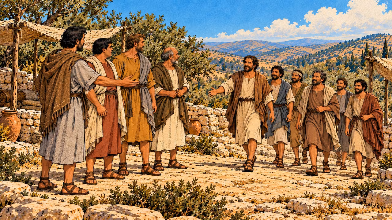 New adult volunteers approach four companions at the camp edge.