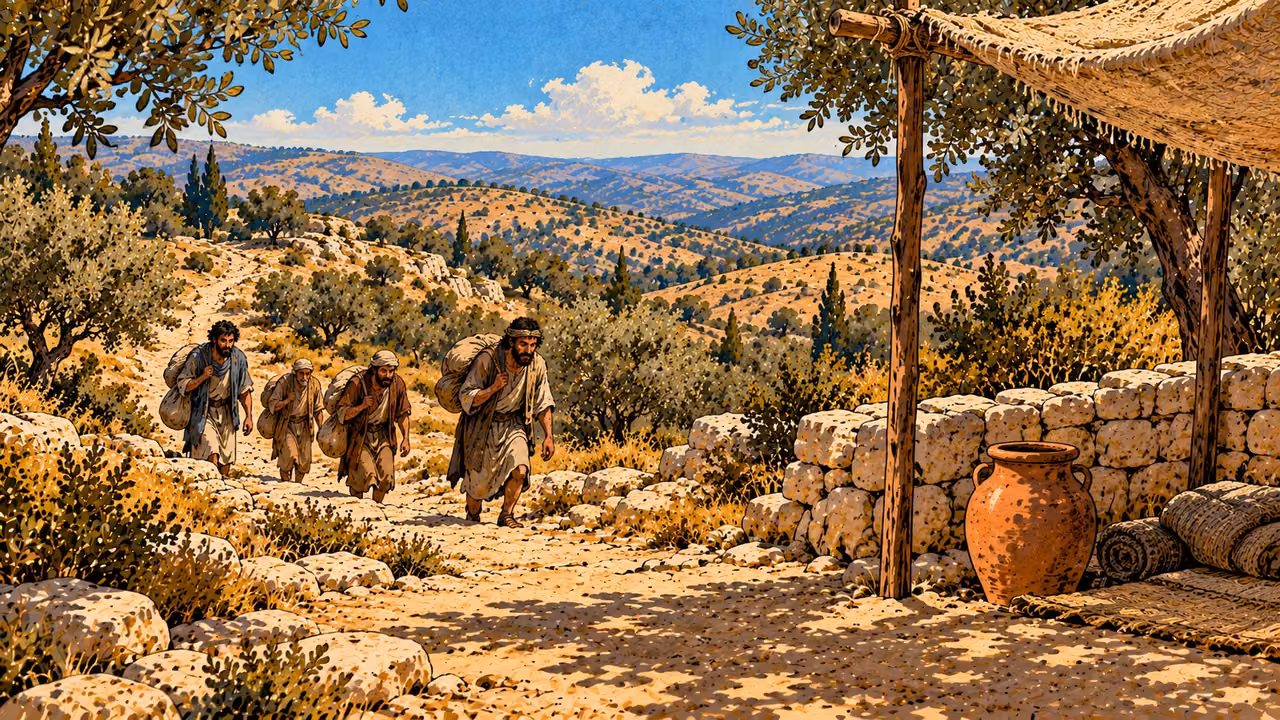 Four weary adults carry bundles uphill toward an awning and water jar.