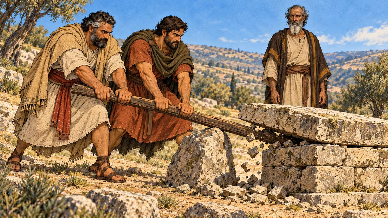Simon and Judas lever a rural altar slab while Mattathias watches.