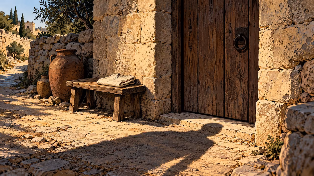 A small folded garment rests outside a closed door under an adult shadow.