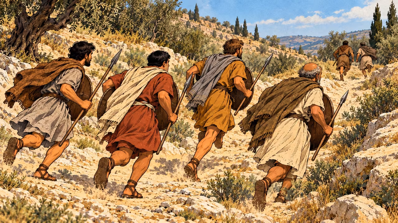 Four armed Judean volunteers pursue two distant adults along a rocky path.