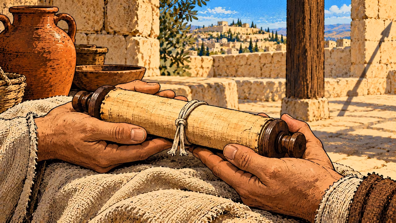 Ordinary hands cradle a tied closed law scroll over coarse linen.