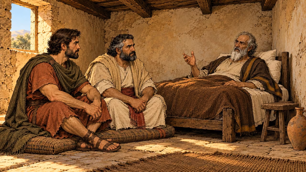 The reclining Mattathias addresses seated Judas and Simon in a plain room.