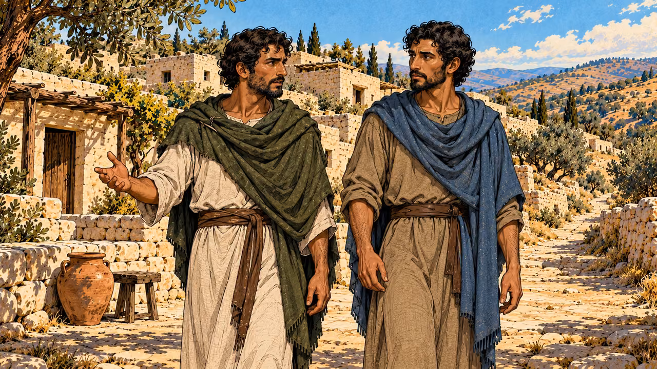Eleazar and Jonathan stand together in moss and slate-blue mantles.