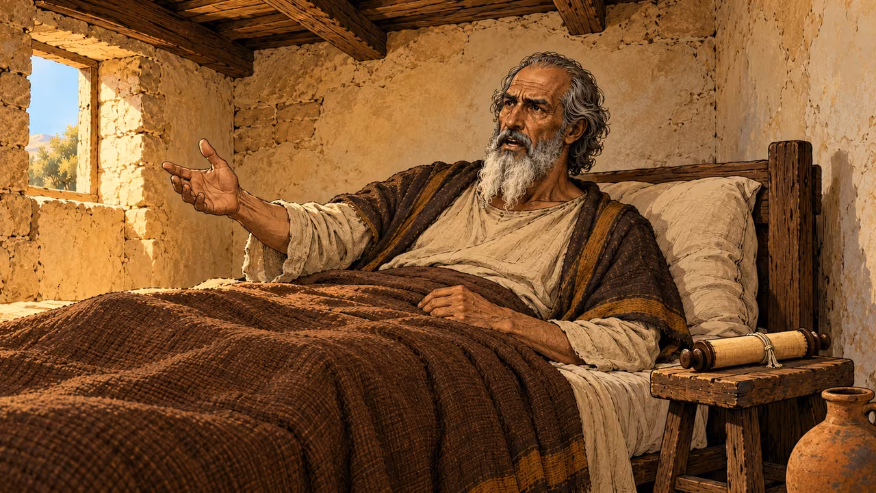 Mattathias speaks from his pillow with one hand extended.
