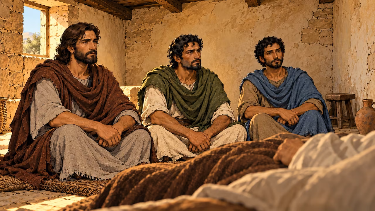 John, Eleazar and Jonathan listen beside the foreground sickbed.