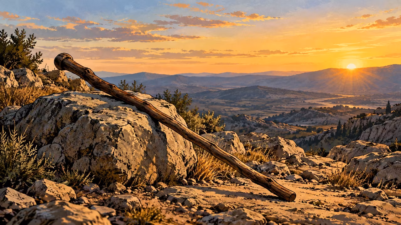A plain walking staff rests across a weathered stone at dawn.