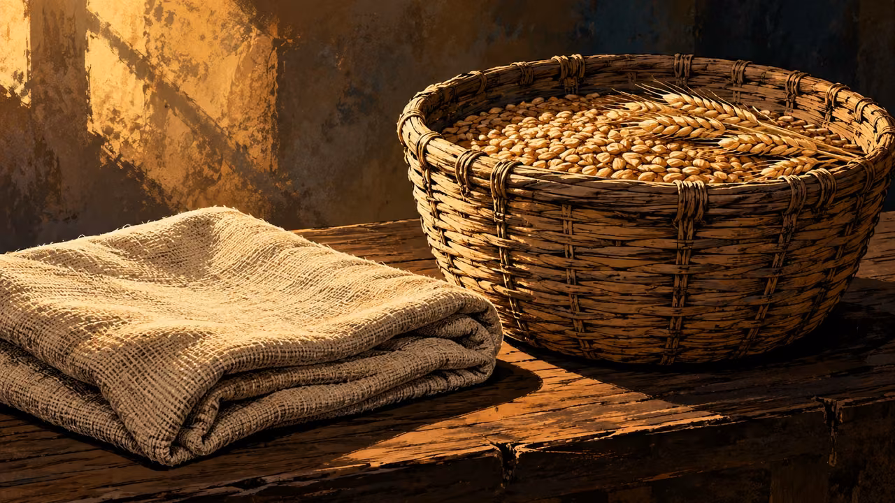 Folded plain wool lies beside a woven basket of wheat.