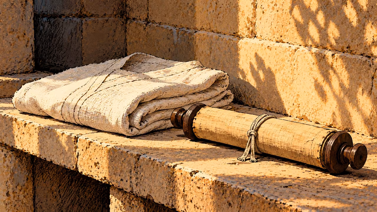 Folded undyed linen lies beside a closed scroll on a stone shelf.