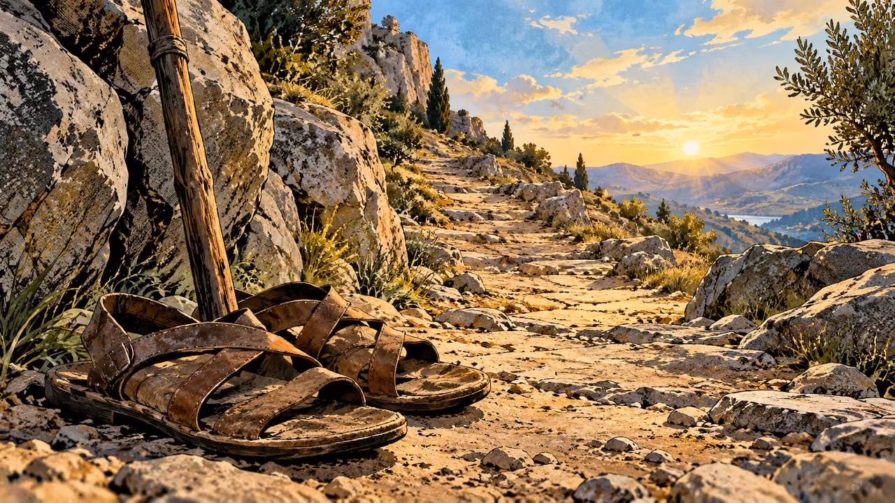 Worn sandals and a staff stand beside an ascending rocky path.