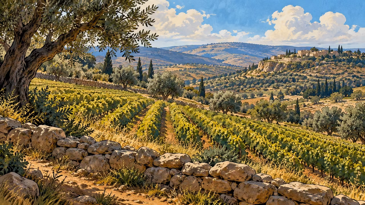 A cultivated hillside field lies beyond a low dry-stone boundary.