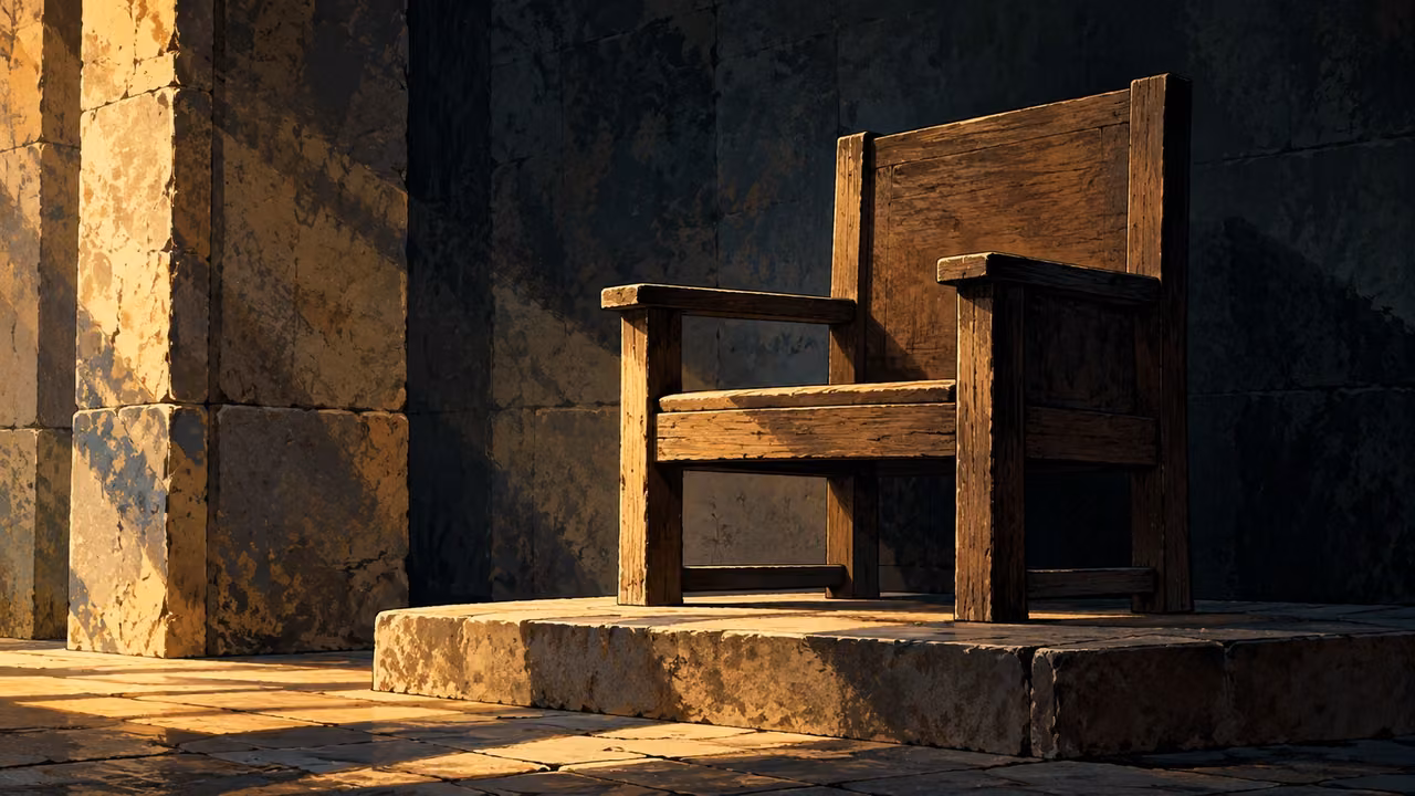 An empty plain wooden seat stands on a low stone step.