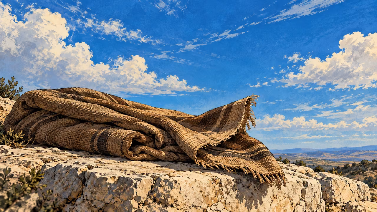 A folded rough wool mantle rests beneath open sky.