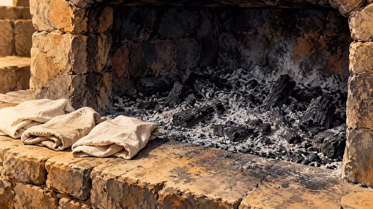 Three unburned cloth folds rest outside a hearth of extinguished coals.
