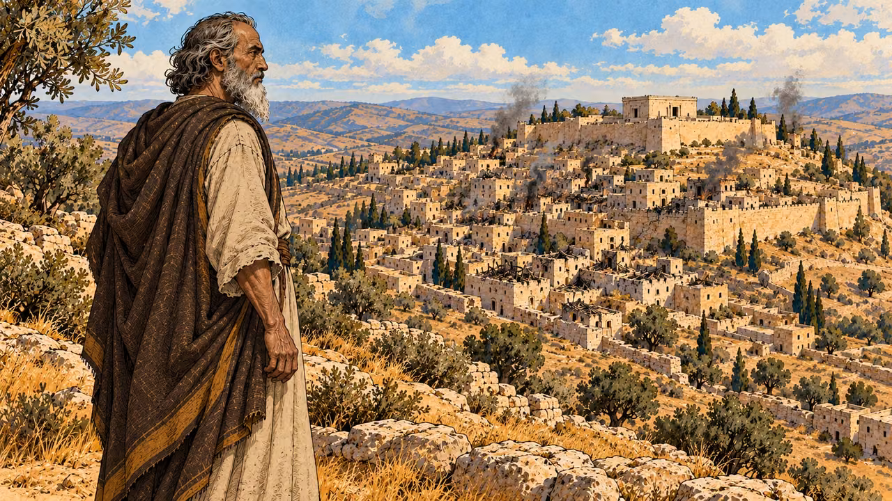 Mattathias stands beside a contextual view of damaged Jerusalem.