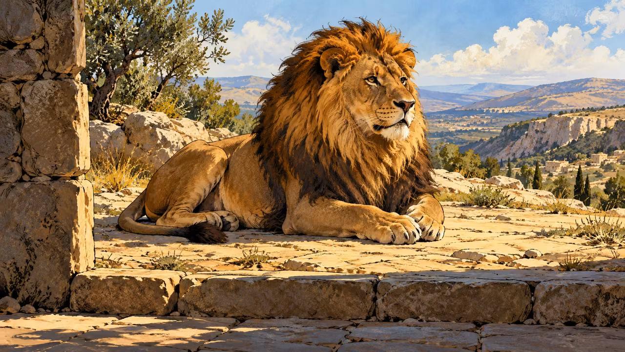 A lion rests calmly beyond a low stone threshold.